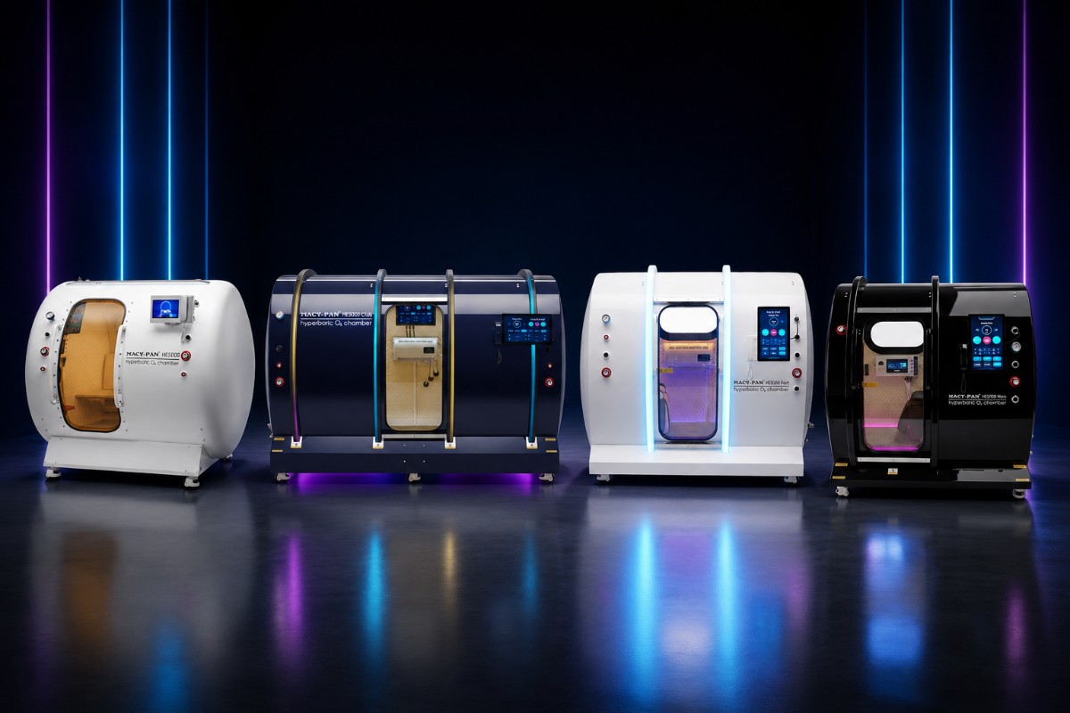 MACY PAN full range of hyperbaric oxygen chambers in a neon showroom