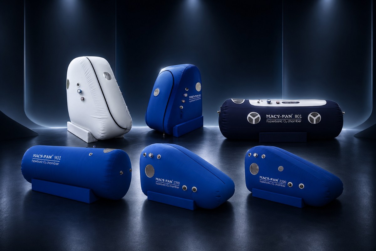 MACY PAN soft hyperbaric chamber product family in a dark studio